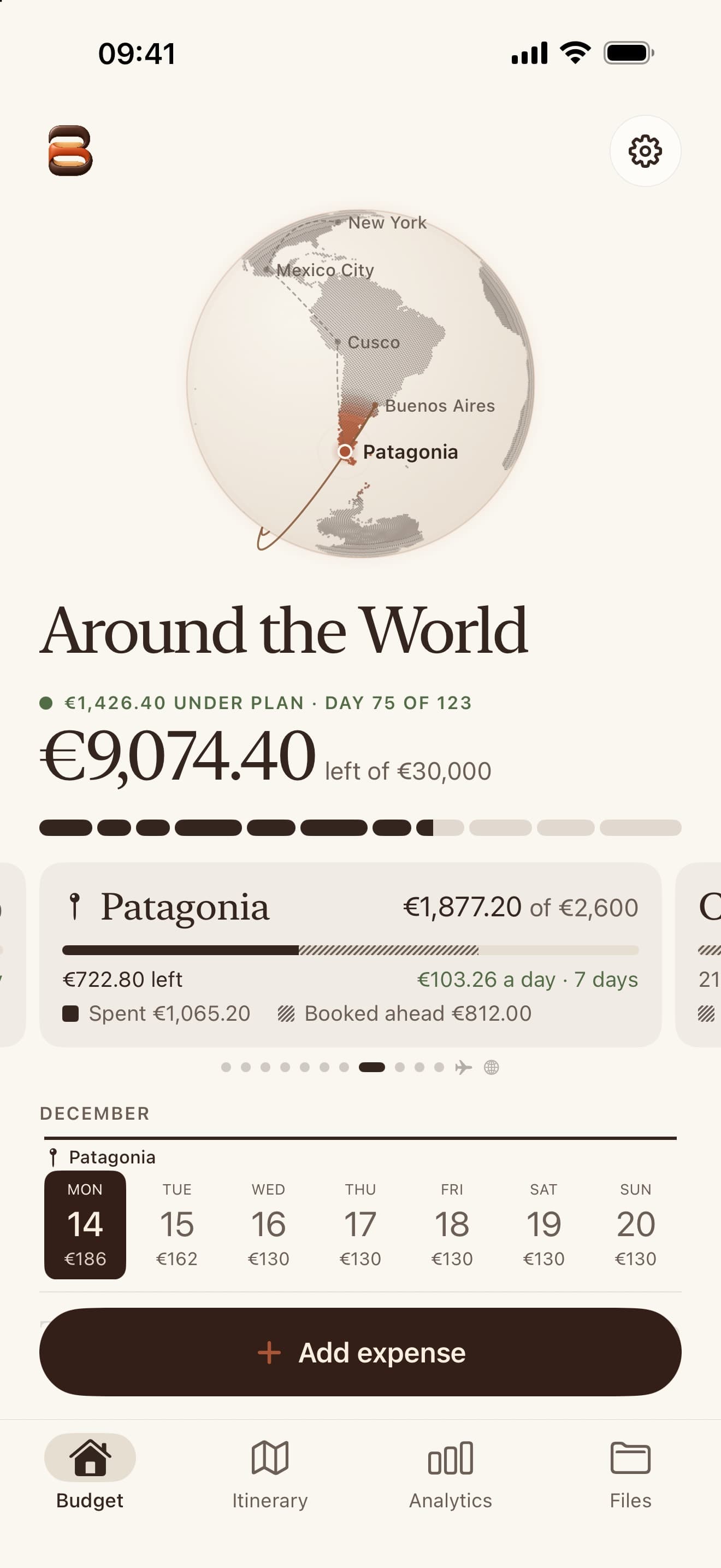 The Budget tab in Patagonia, day 75 of 123, under plan.