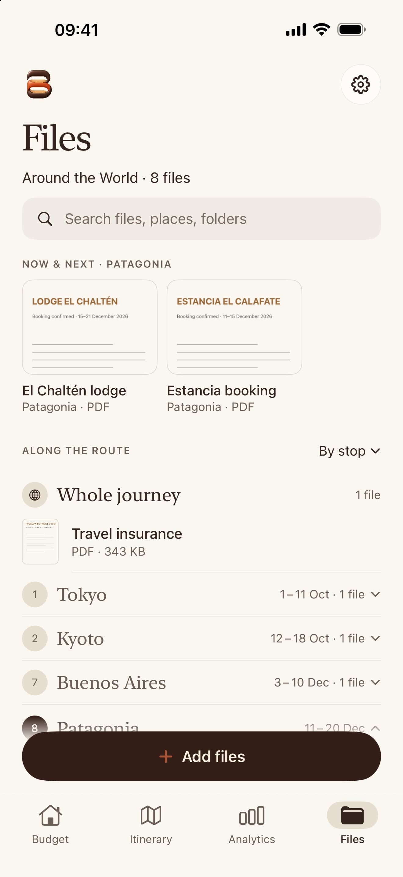 The journey's files: travel insurance, e-tickets, bookings and permits.