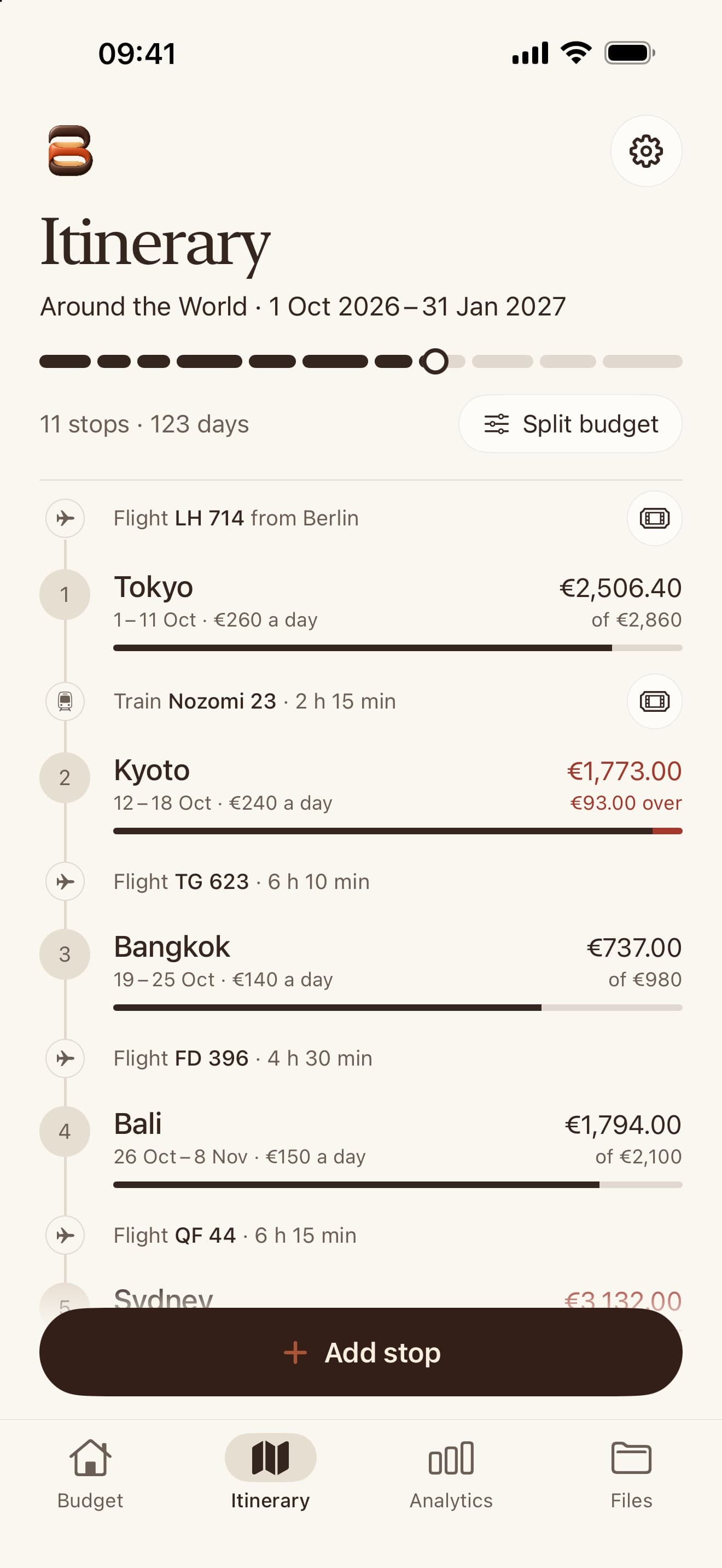 The Itinerary tab in light and dark appearance.